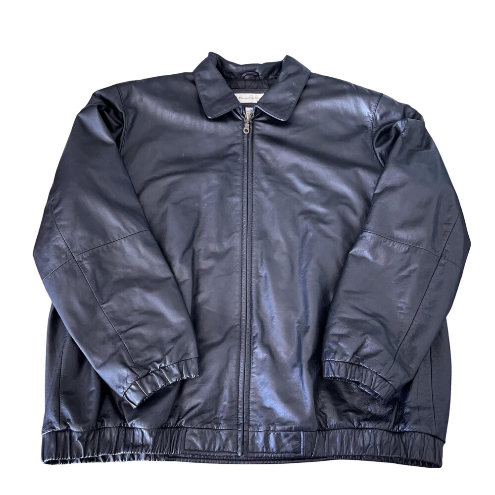 Preston & York Jacket Mens XL Black Leather Bomber Full Zip Quilted Lined